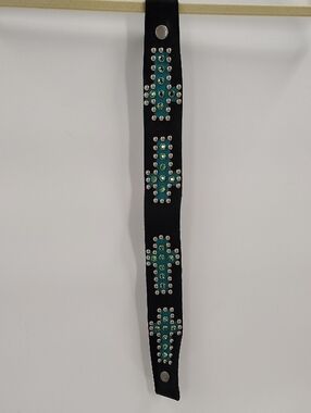 Two Bar West Strap Turquoise Cross On Black Rhinestones And Brads Leather